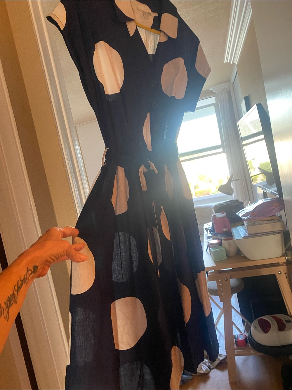 Boden Navy Dress with Cream Polka Dots